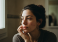 Donna con pelle acneica e brufoli sulle guance